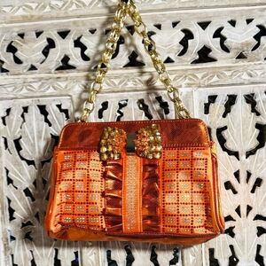 Faux Leather Orange Embellished Studded Evening Bow Gold Chain Strap Mini Bag